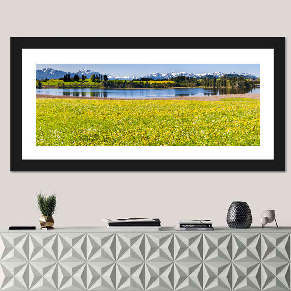 Alpine Lake Meadow with Dandelions Wall Art in a room, panoramic