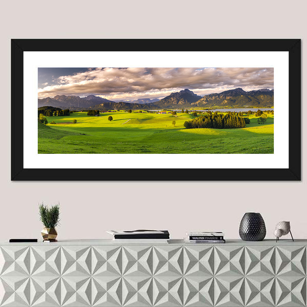 Füssen Forggensee Alpine Lake Landscape Wall Art in a room, panoramic
