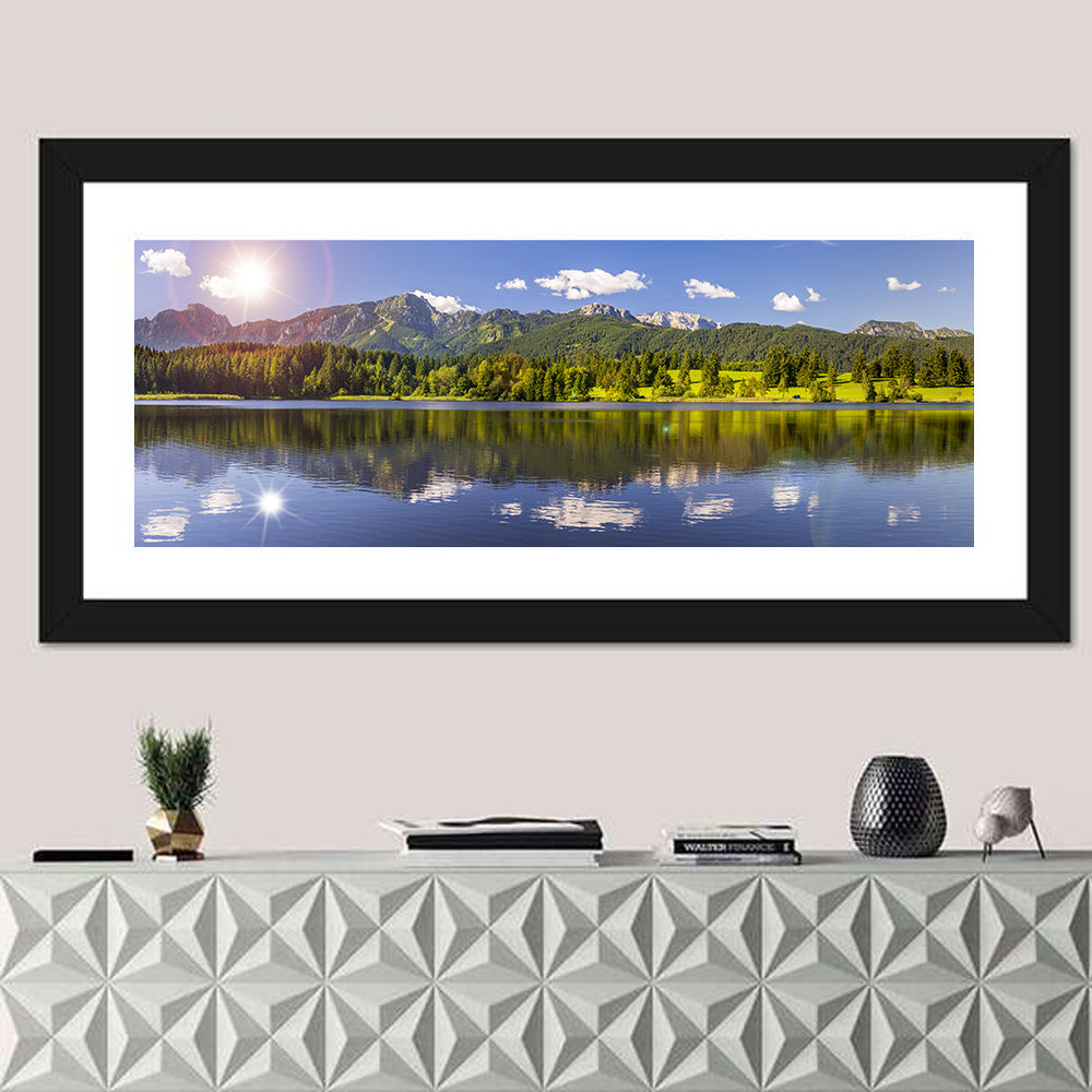 Bavarian Alpine Lake Reflection Wall Art in a room, panoramic