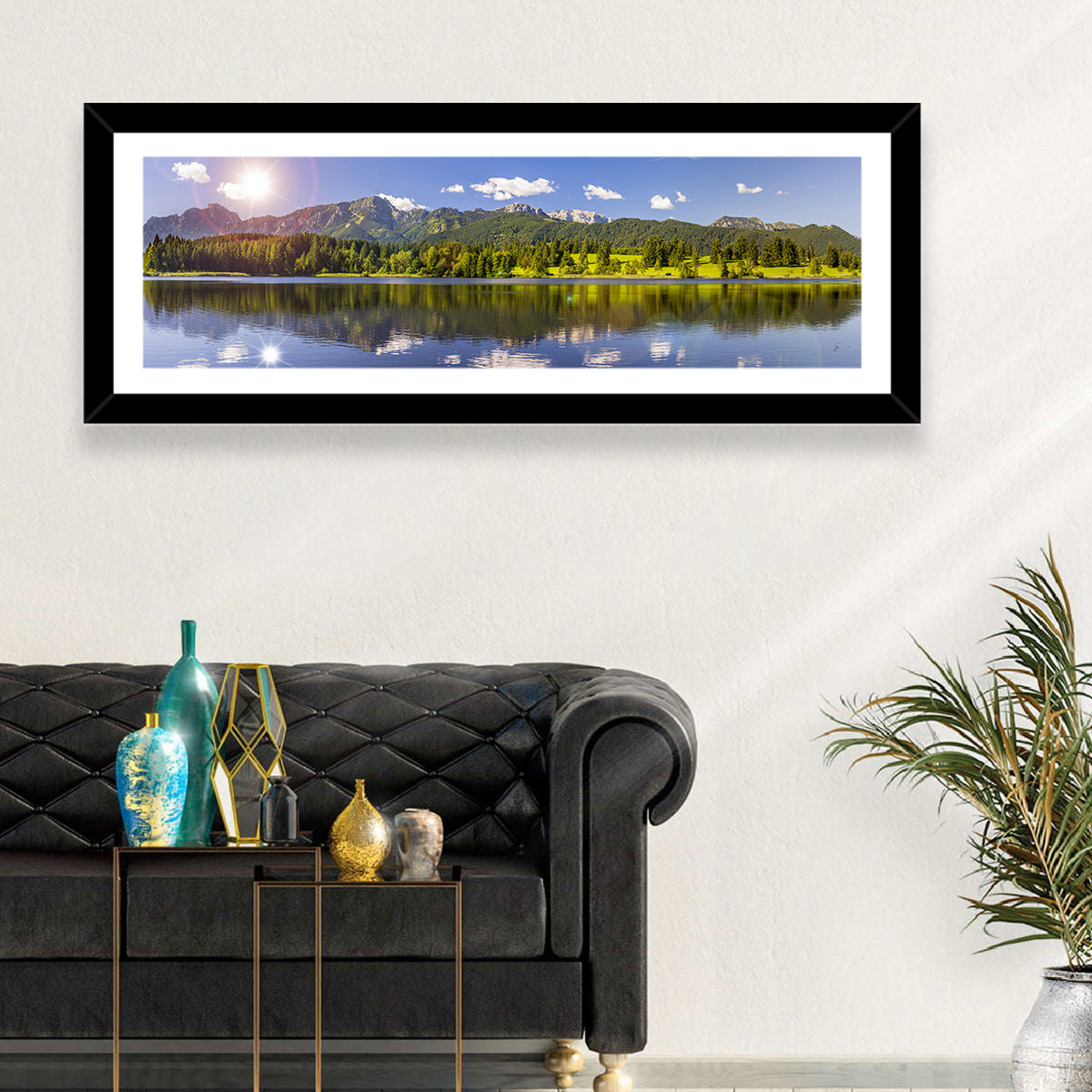 Bavarian Alpine Lake Reflection Wall Art in a room, panoramic