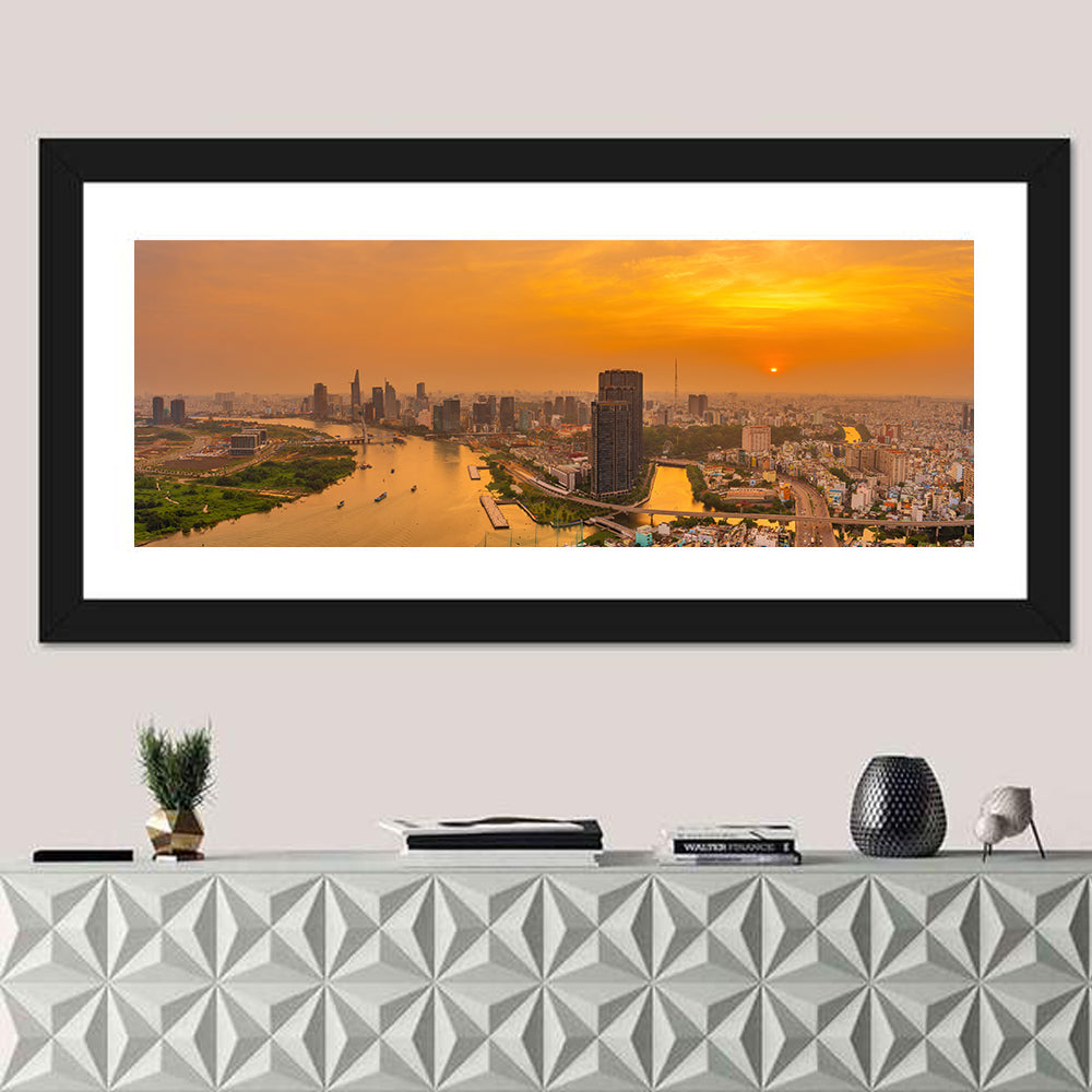 Landmark 81 Golden Hour Skyline Wall Art in a room, panoramic