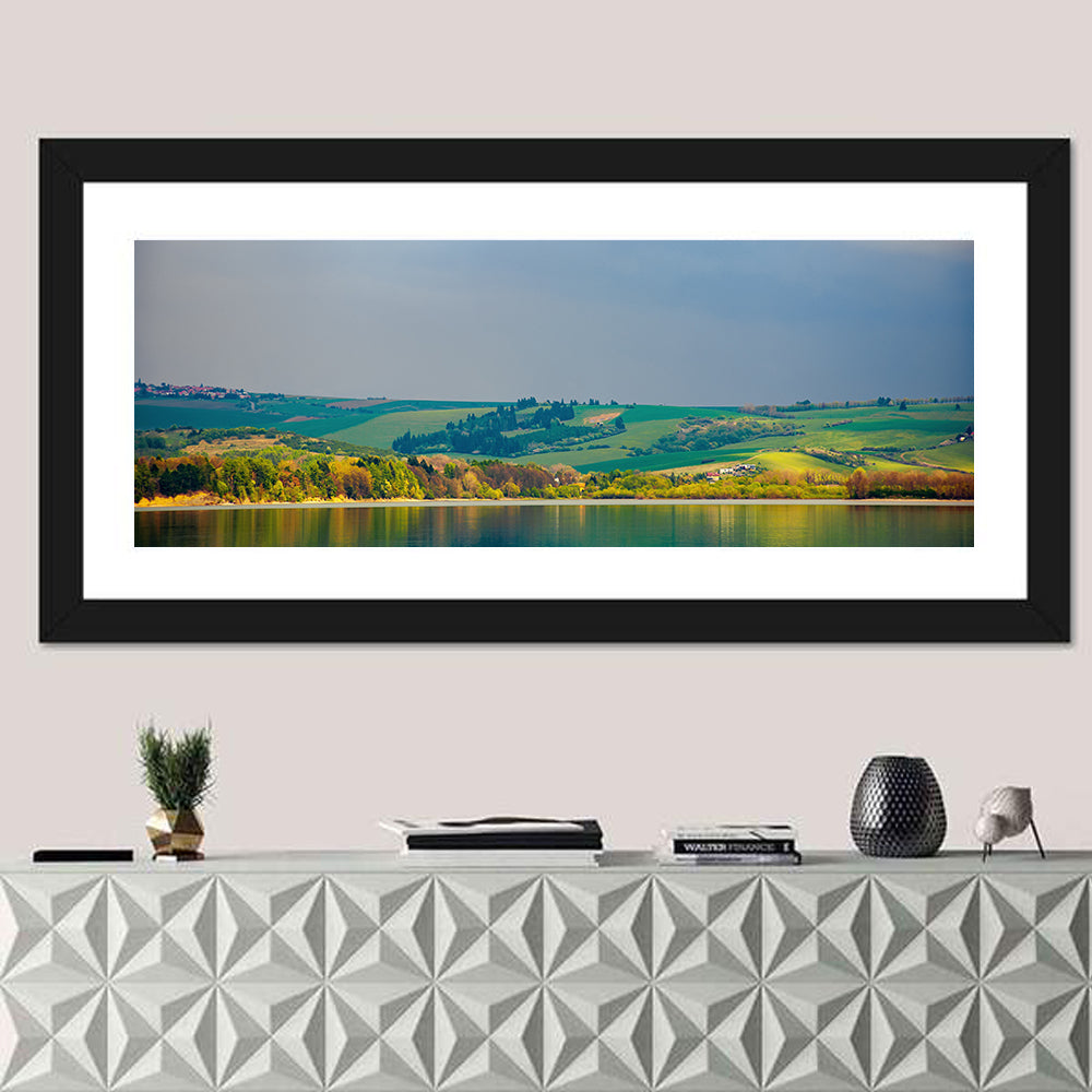 Liptovska Mara Lake Reflection Wall Art in a room, panoramic