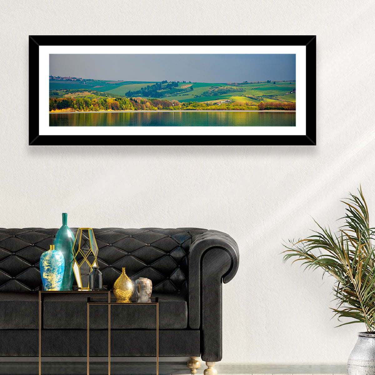 Liptovska Mara Lake Reflection Wall Art in a room, panoramic