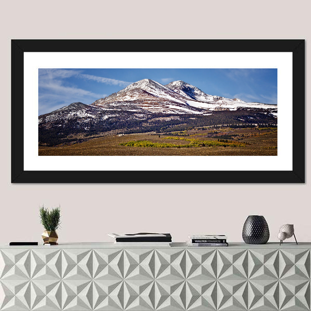 Sierra Nevada Snow Capped Peaks Wall Art in a room, panoramic