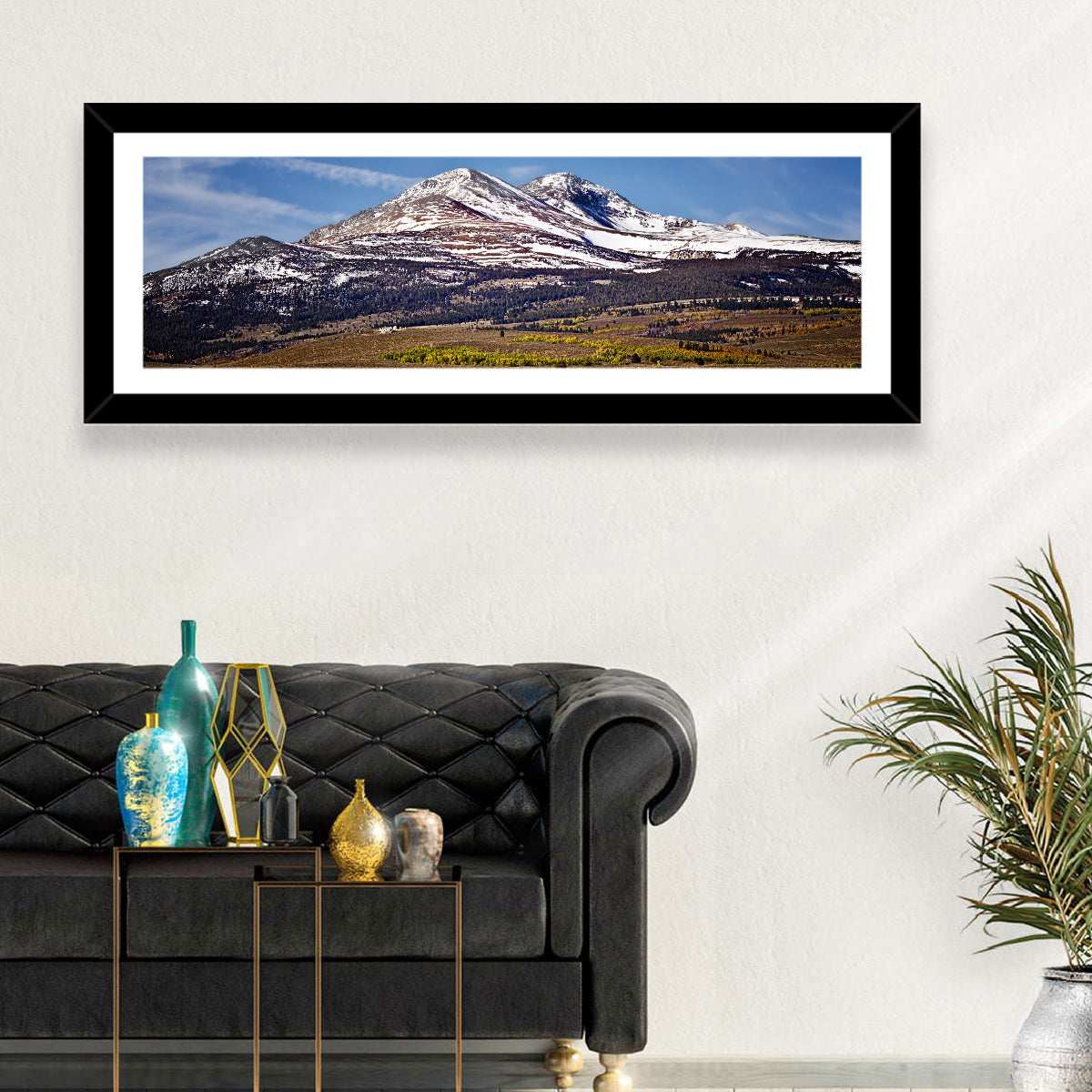 Sierra Nevada Snow Capped Peaks Wall Art in a room, panoramic