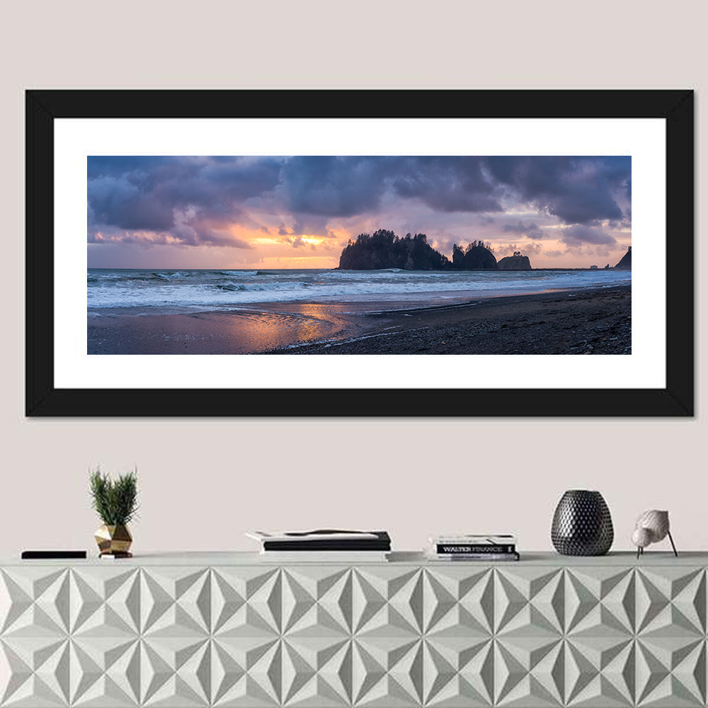Rialto Beach Sea Stacks at Sunset Wall Art in a room, panoramic