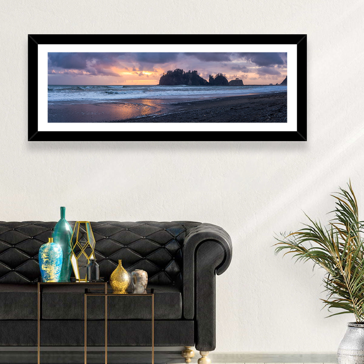 Rialto Beach Sea Stacks at Sunset Wall Art in a room, panoramic