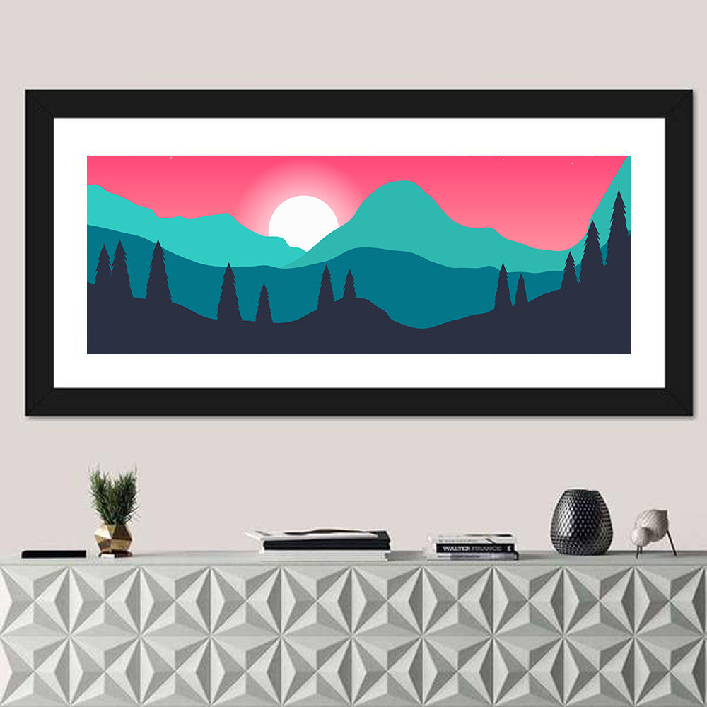Turquoise and Pink Mountain Sunset Wall Art in a room, panoramic