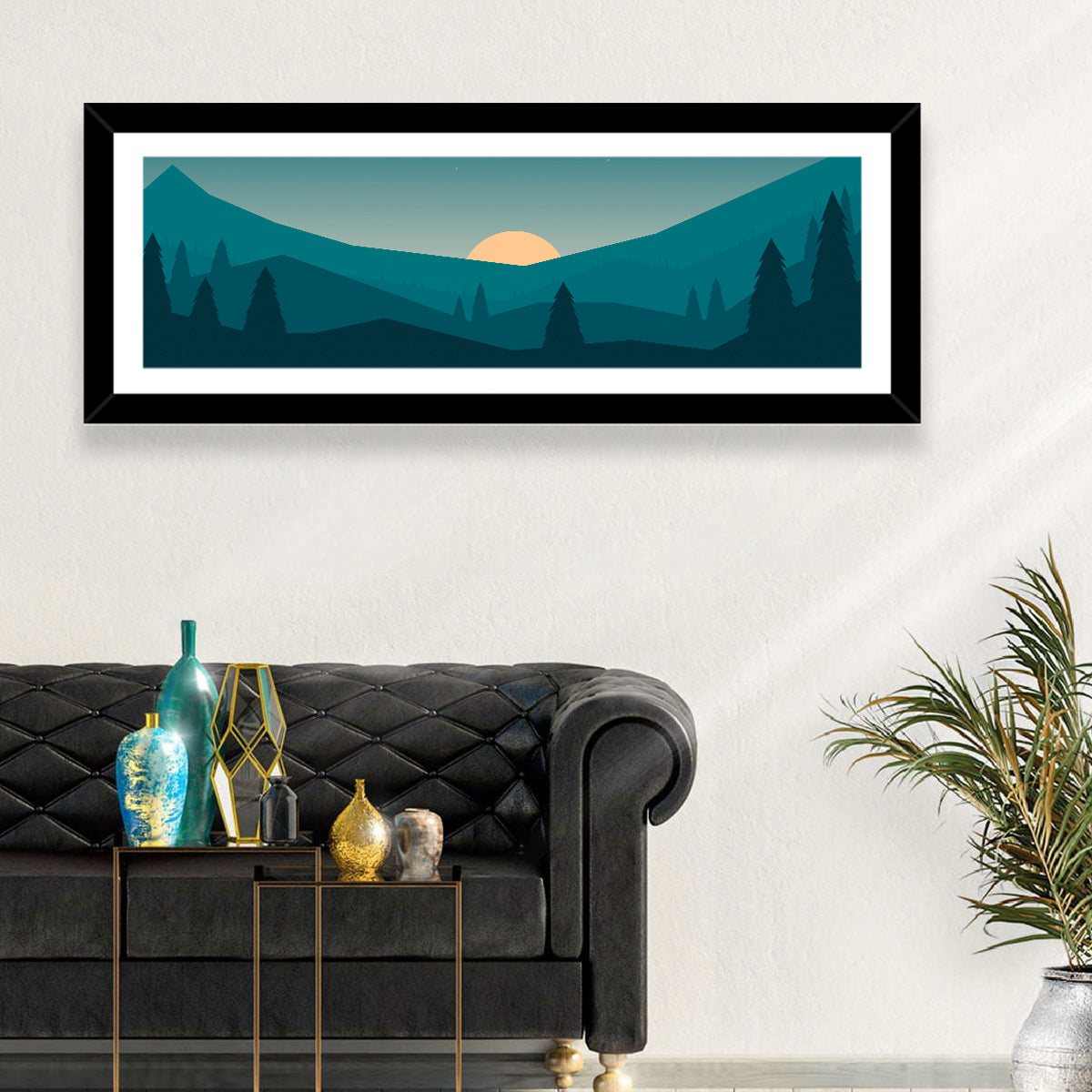 Black Forest Sunset Illustration Wall Art in a room, panoramic
