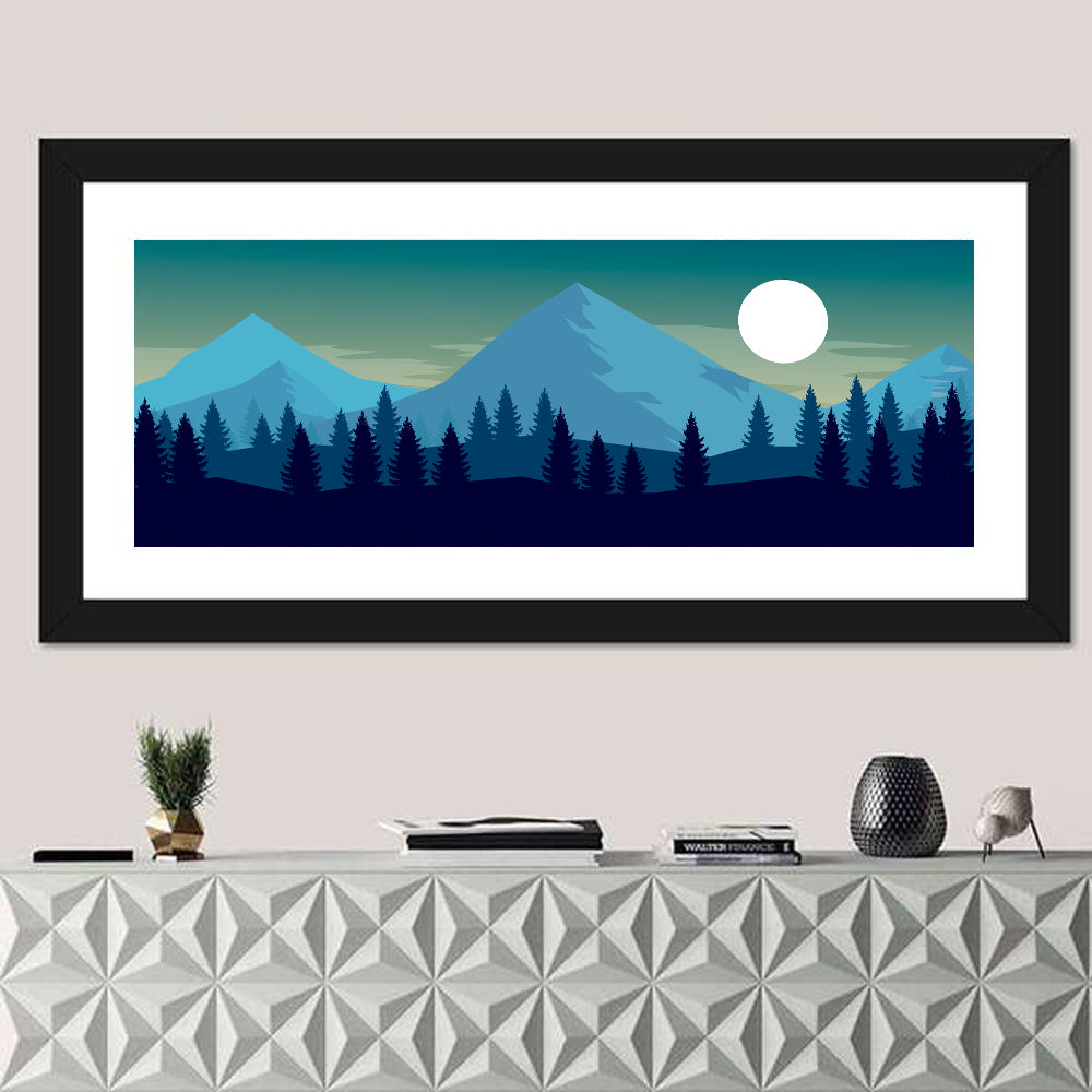 Moonlit Snowy Mountain Forest Wall Art in a room, panoramic
