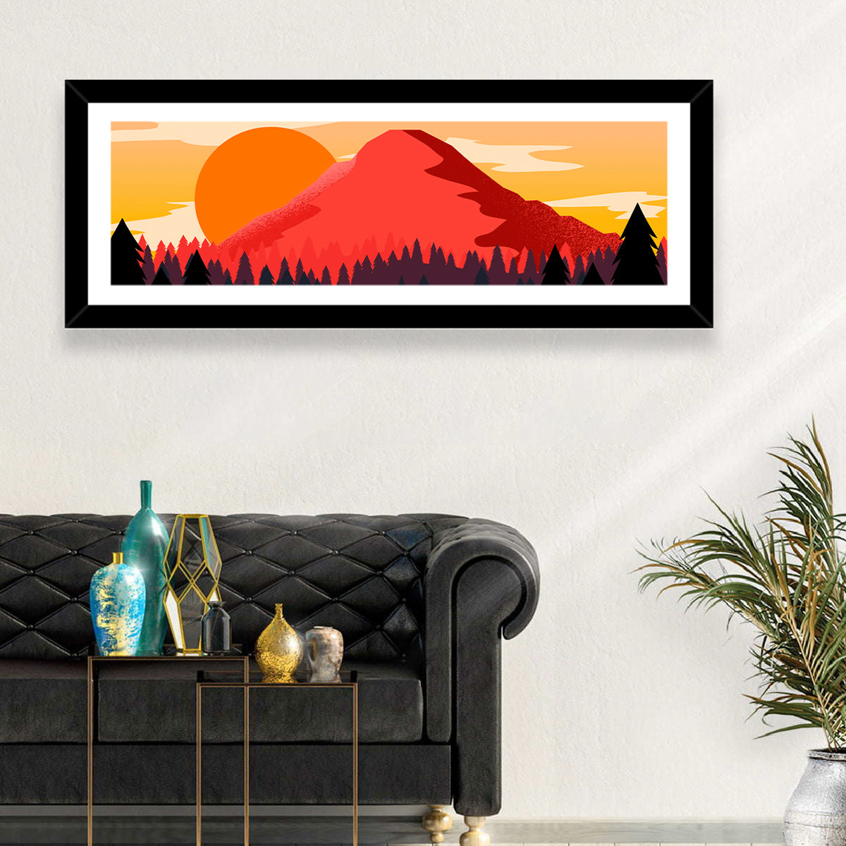 Stippled Red Mountain Sunset Wall Art in a room, panoramic