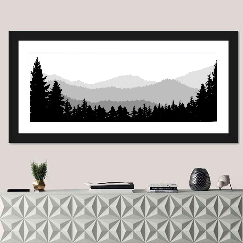 Foggy Mountain Silhouettes Wall Art in a room, panoramic