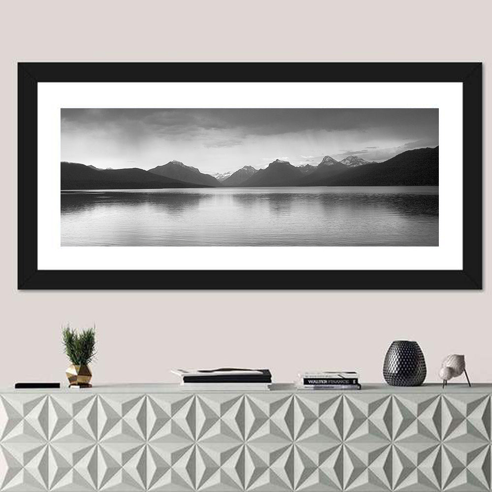 Lake Mcdonald Monochrome Reflection Wall Art in a room, panoramic