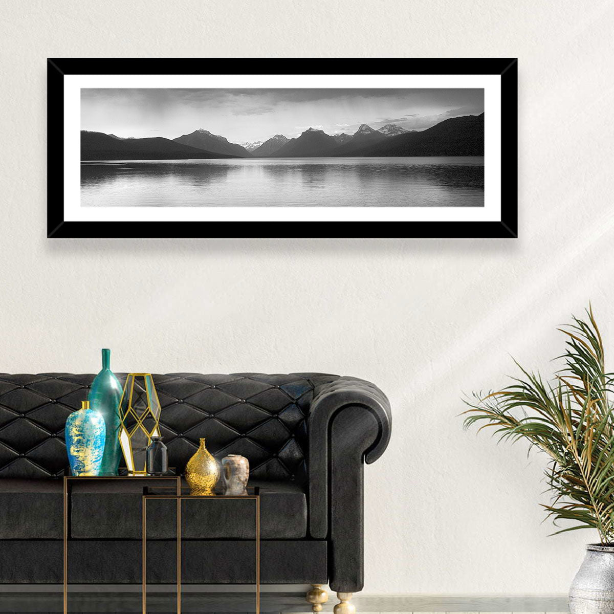 Lake Mcdonald Monochrome Reflection Wall Art in a room, panoramic