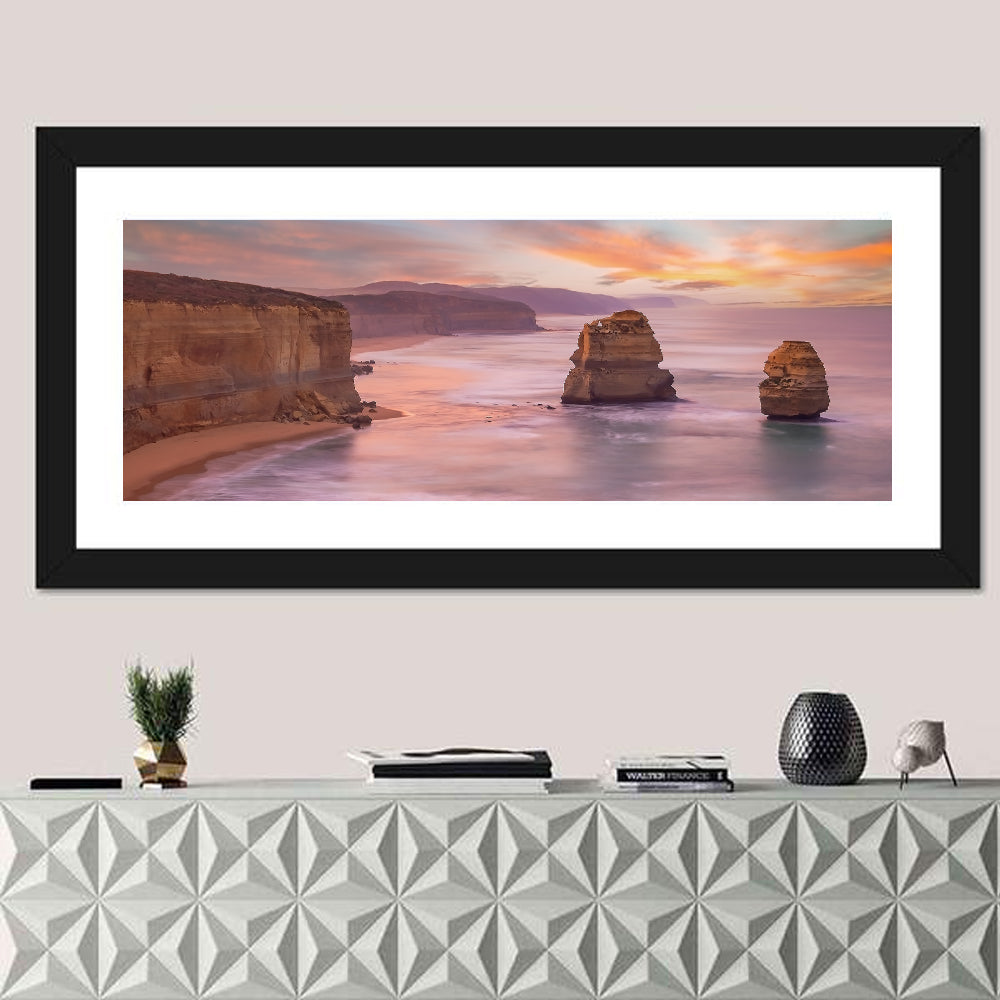 Twelve Apostles Sunset Sea Stacks Wall Art in a room, panoramic