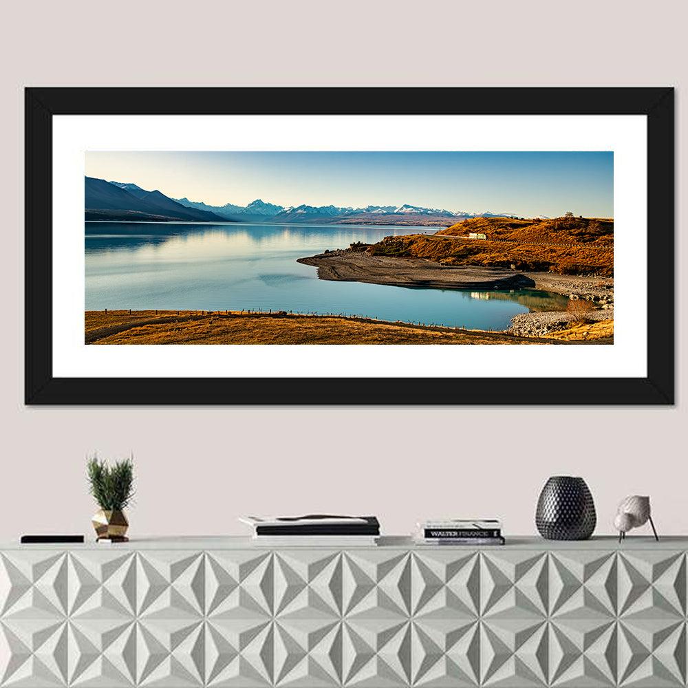 Lake Pukaki Golden Hour with Mount Cook Wall Art in a room, panoramic