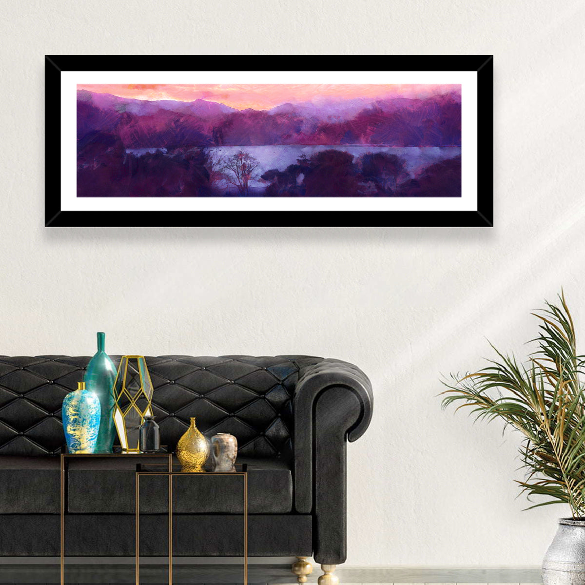 Forest Lake at Dusk Wall Art in a room, panoramic