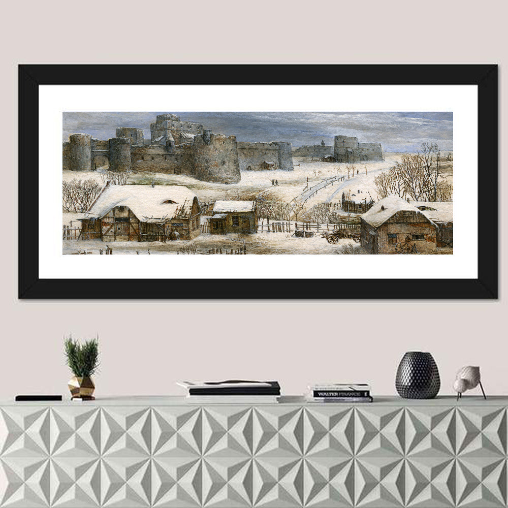 Snowbound Medieval Fortress Wall Art in a room, panoramic