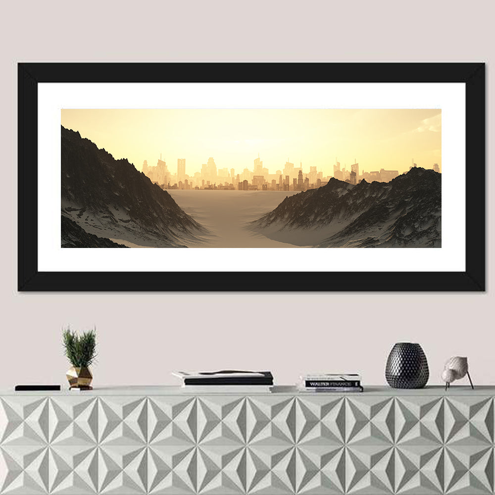 Futuristic City Sunset Wall Art in a room, panoramic