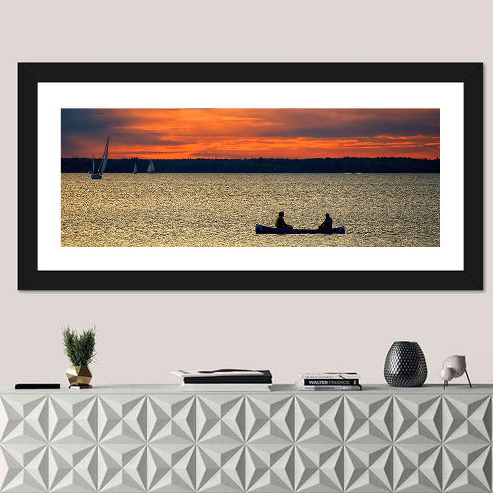 Ottawa River Sunset Canoe Wall Art in a room, panoramic
