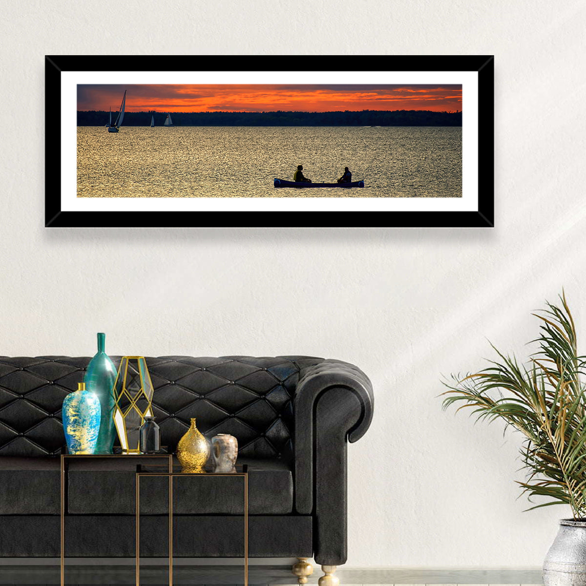 Ottawa River Sunset Canoe Wall Art in a room, panoramic