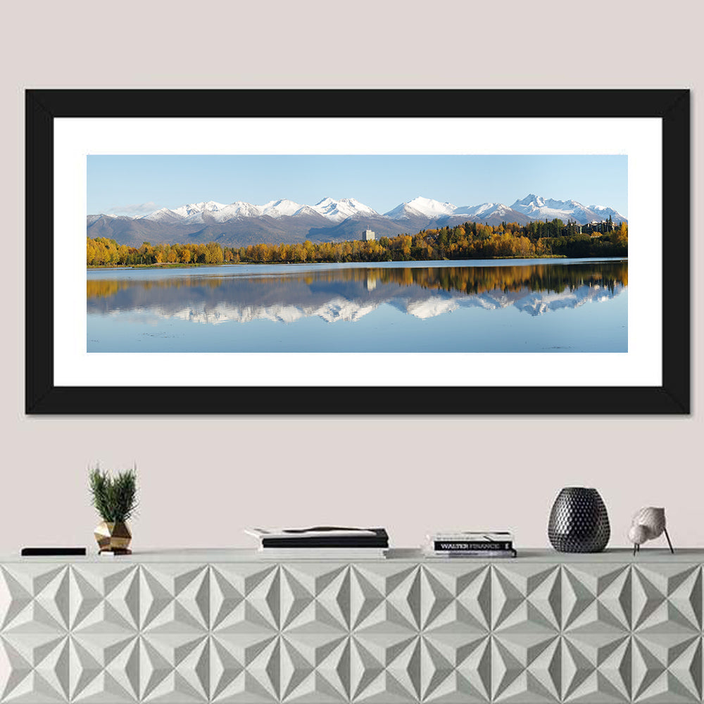 Anchorage Autumn Reflection and Chugach Mountains Wall Art in a room, panoramic