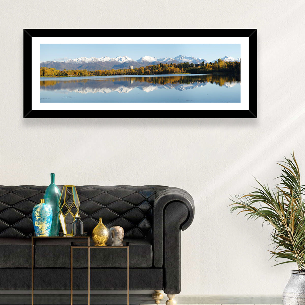 Anchorage Autumn Reflection and Chugach Mountains Wall Art in a room, panoramic