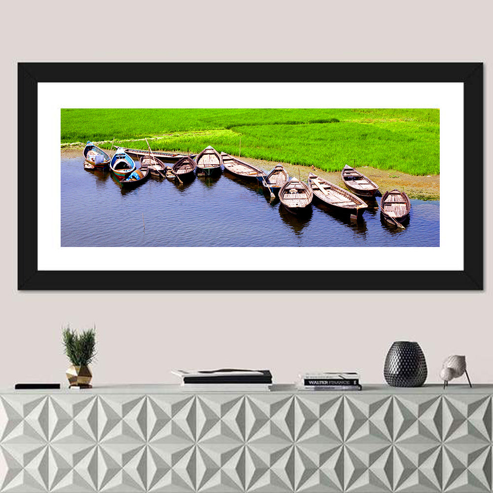 Boats at the Shoreline Wall Art in a room, panoramic