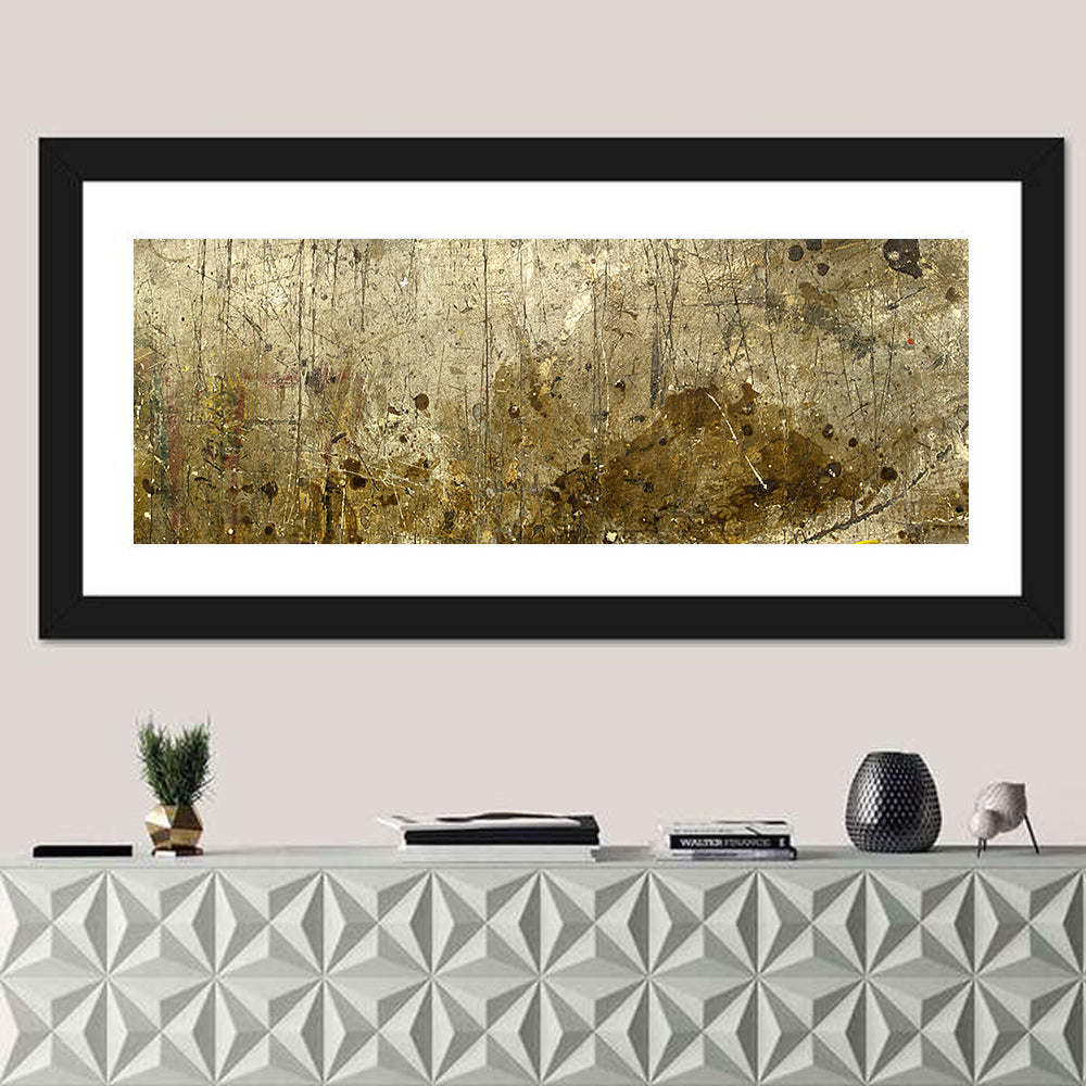 Gold Leaf Workbench Texture Abstract Wall Art in a room, panoramic