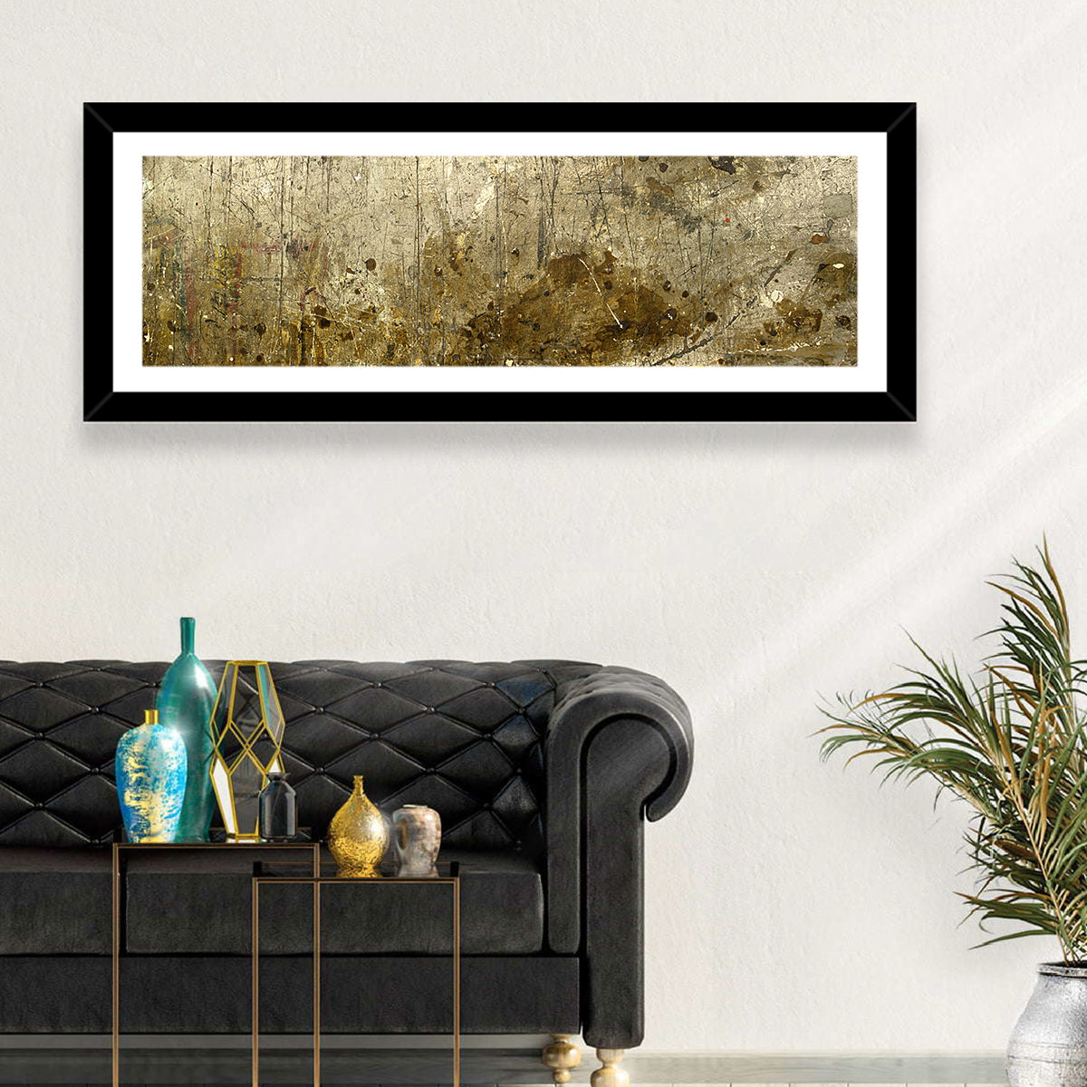Gold Leaf Workbench Texture Abstract Wall Art in a room, panoramic