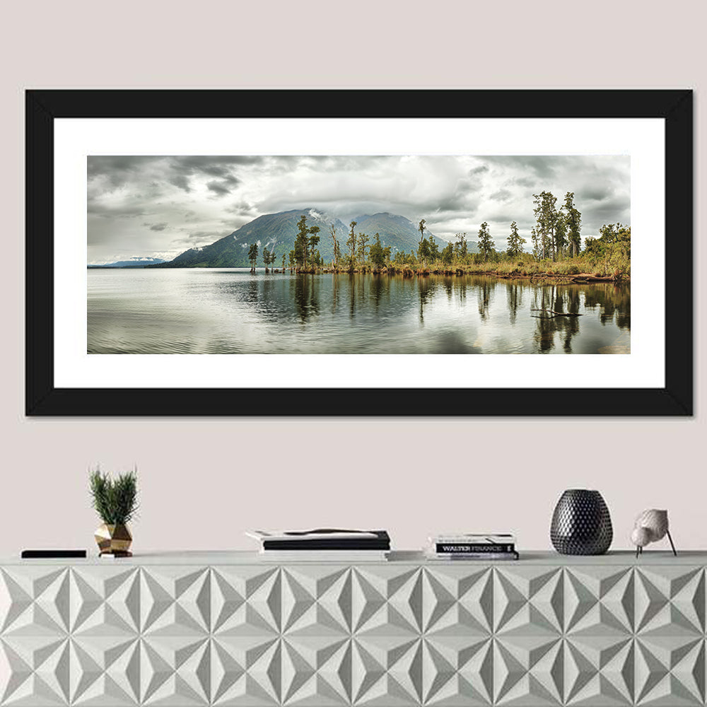 Lake Brunner Reflections Wall Art in a room, panoramic