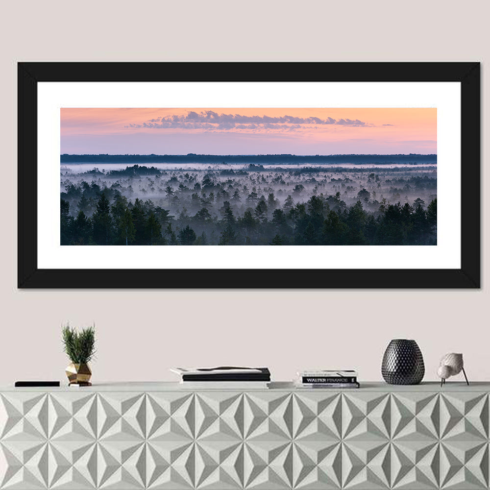 Estonian Misty Pine Landscape Wall Art in a room, panoramic