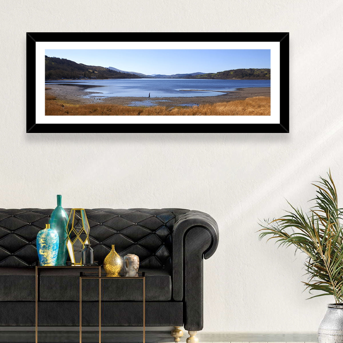 Bala Lake Shoreline Wall Art in a room, panoramic