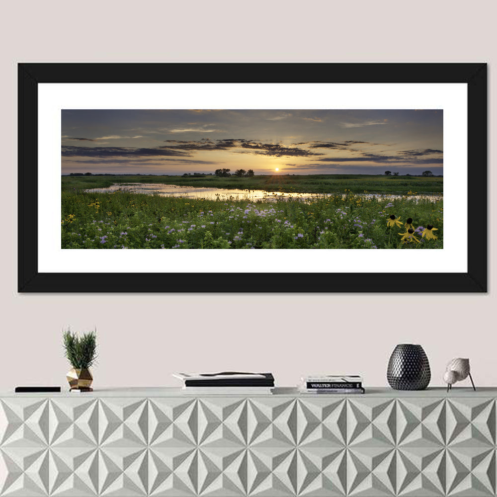 Illinois Fields Sunset Wall Art in a room, panoramic