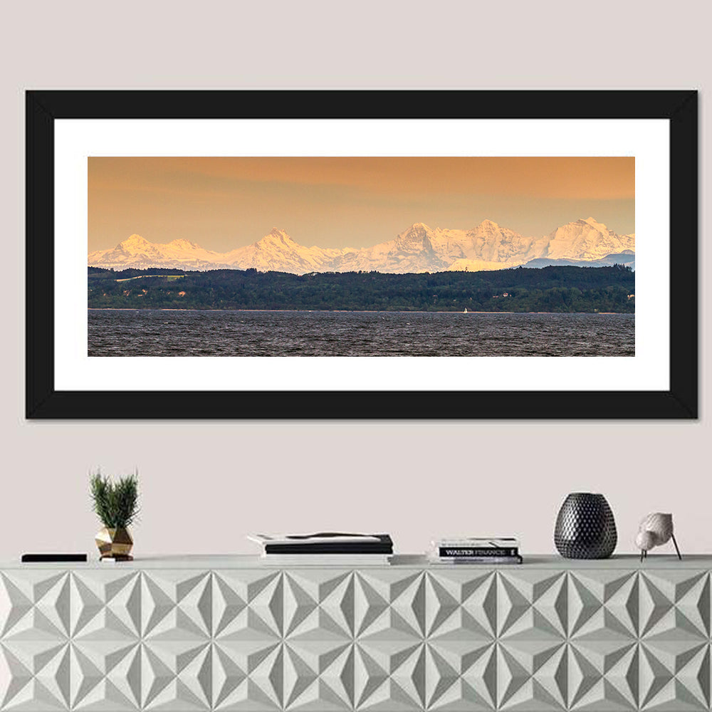Lake Neuchatel Golden Hour Wall Art in a room, panoramic
