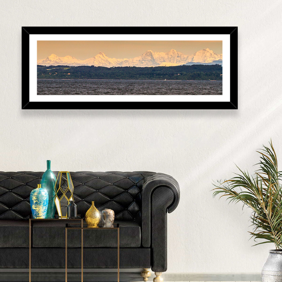 Lake Neuchatel Golden Hour Wall Art in a room, panoramic