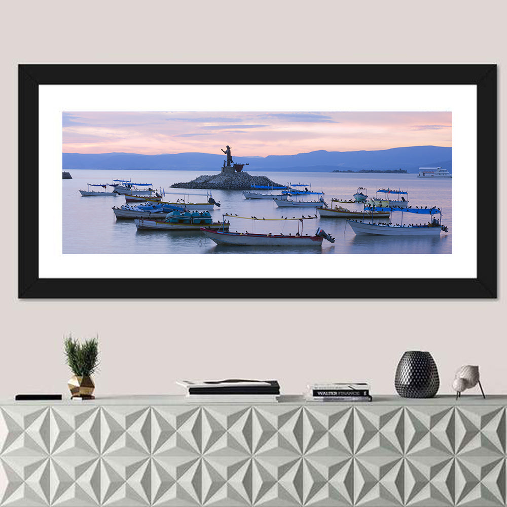 Lake Chapala Islet Sunrise Wall Art in a room, panoramic
