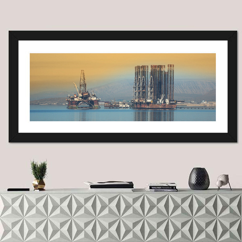 Baku Oil Rigs at Dusk Wall Art in a room, panoramic