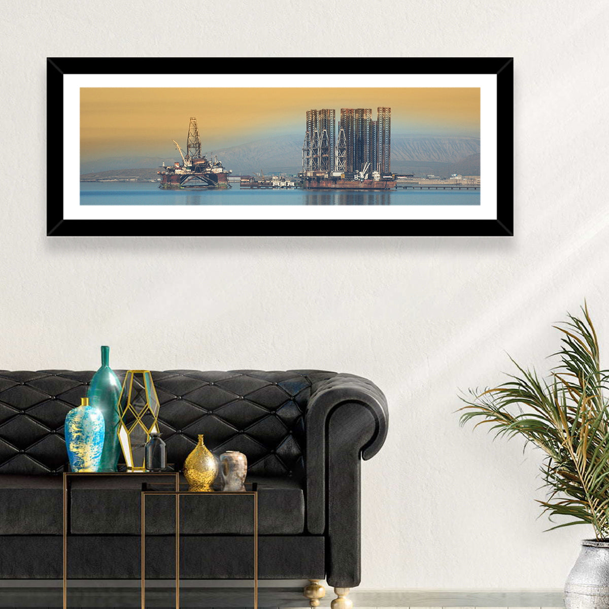 Baku Oil Rigs at Dusk Wall Art in a room, panoramic