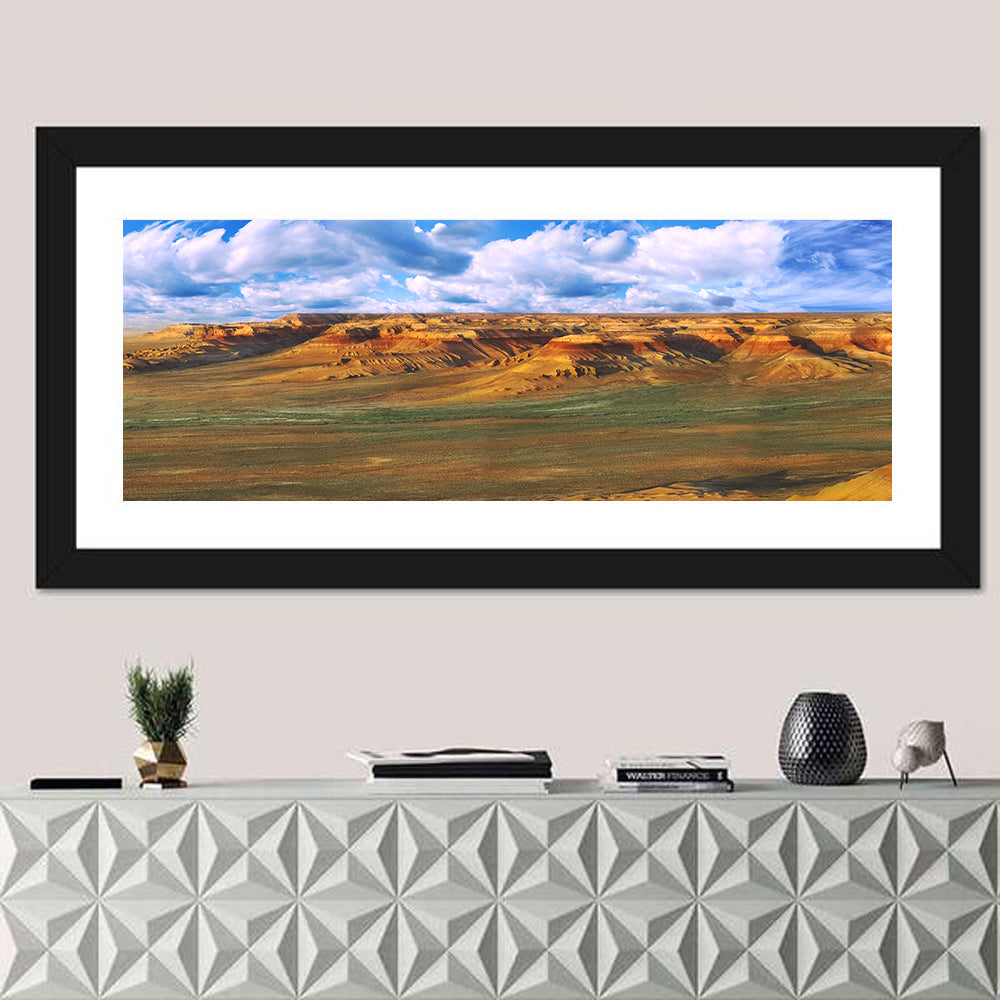 Ustyurt Plateau Cliffs Wall Art in a room, panoramic
