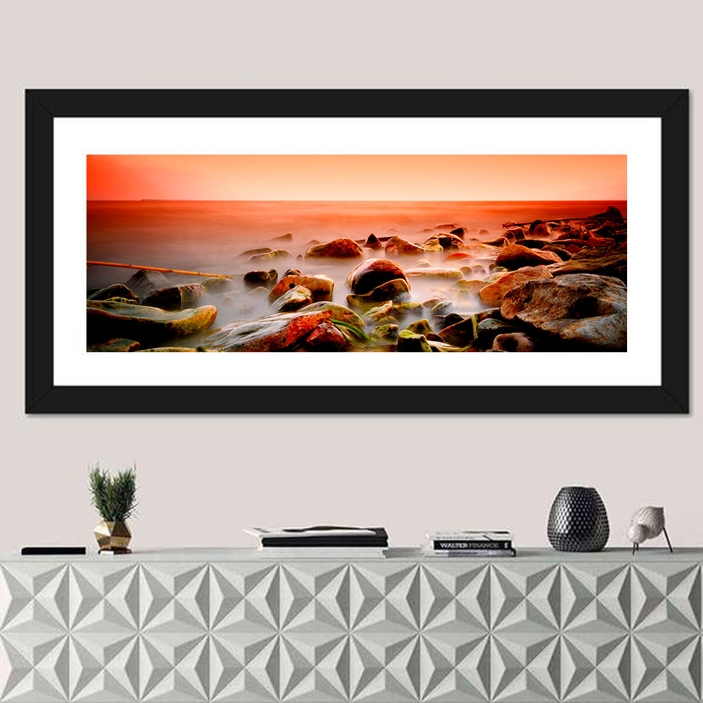 Lake Shore Sunset Wall Art in a room, panoramic