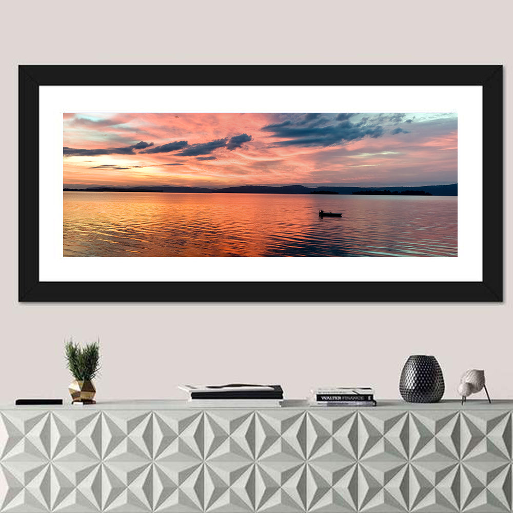 Lake Champlain Sunset Wall Art in a room, panoramic