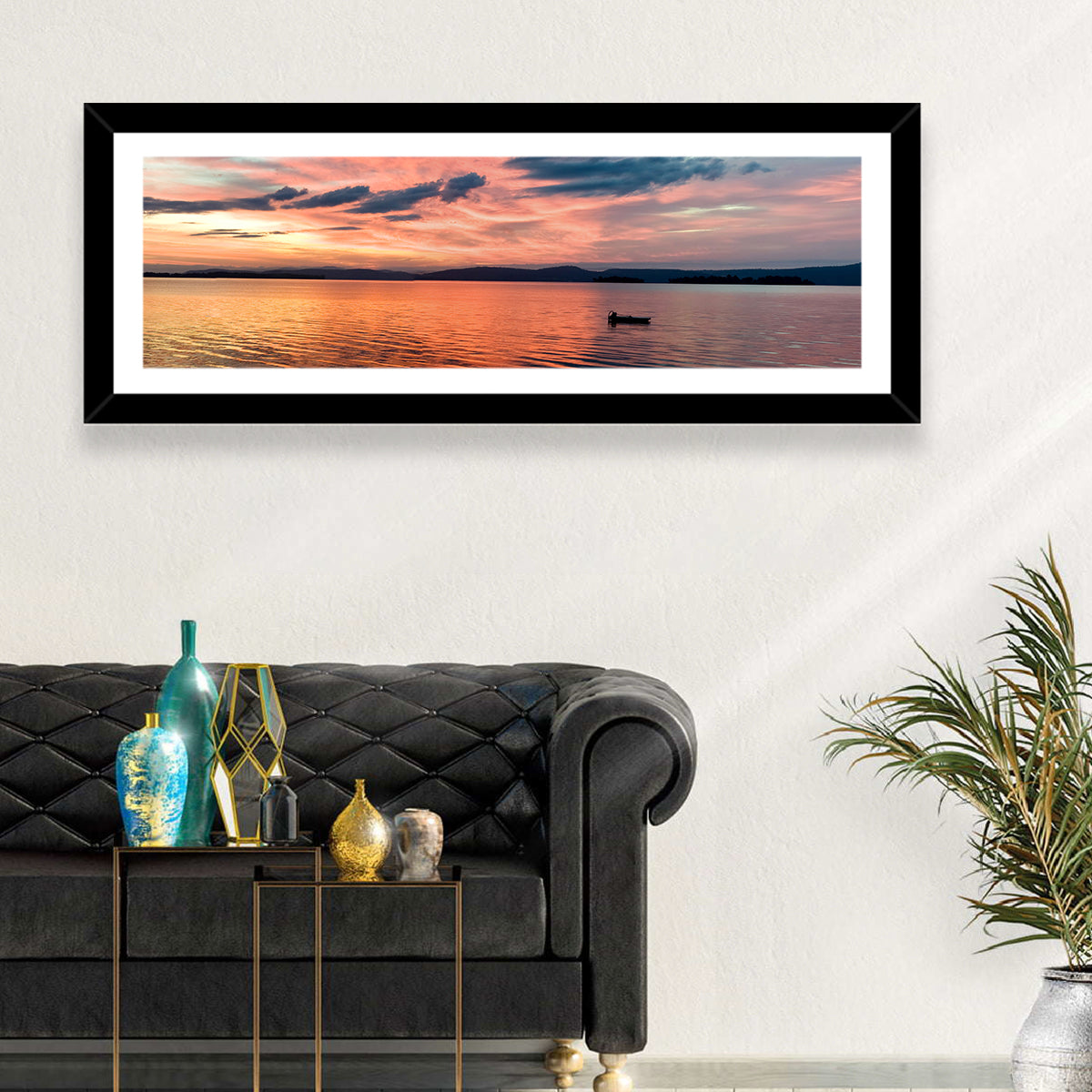 Lake Champlain Sunset Wall Art in a room, panoramic