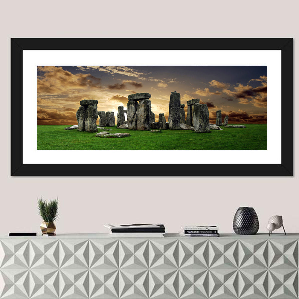 Stonehenge at Sunset Wall Art in a room, panoramic