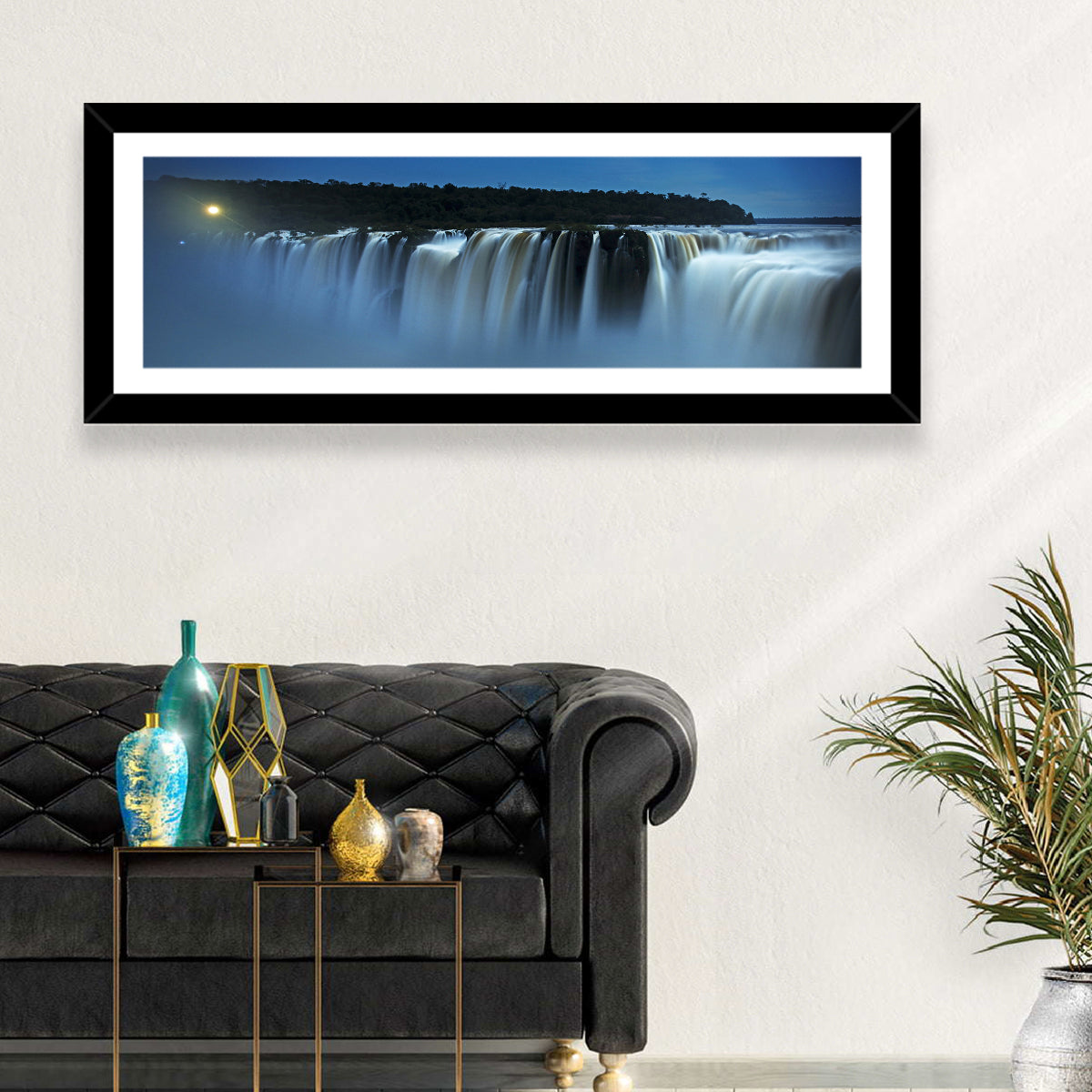 Moonlit Iguazu Falls Wall Art in a room, panoramic