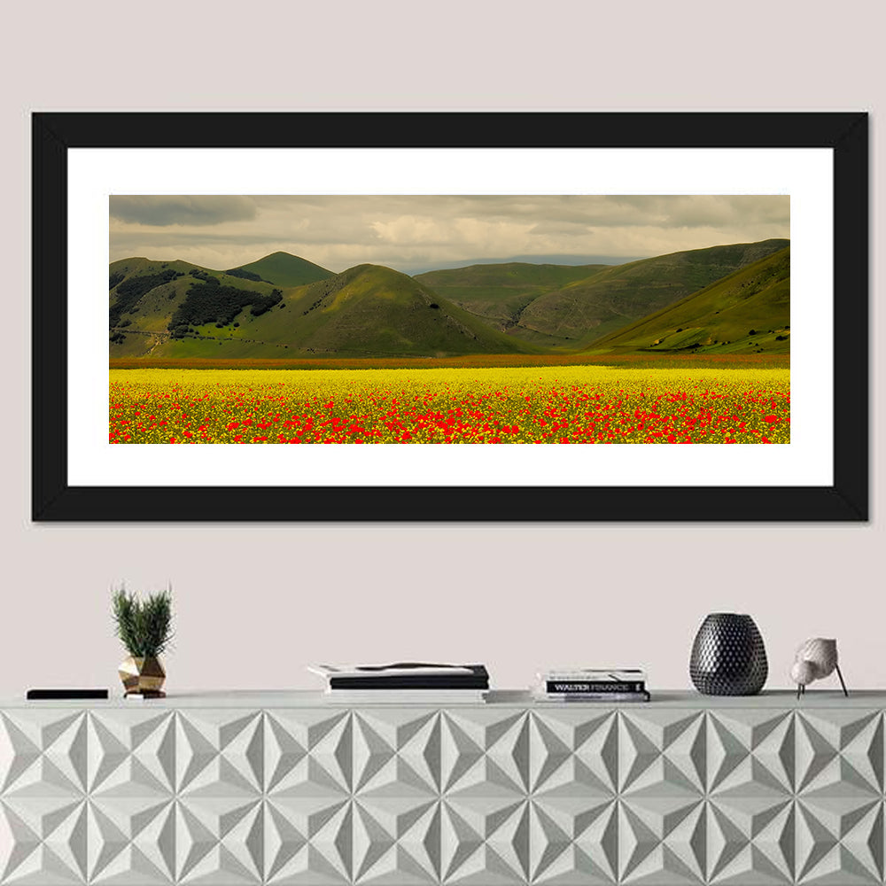 Castelluccio Wildflower Meadow Wall Art in a room, panoramic