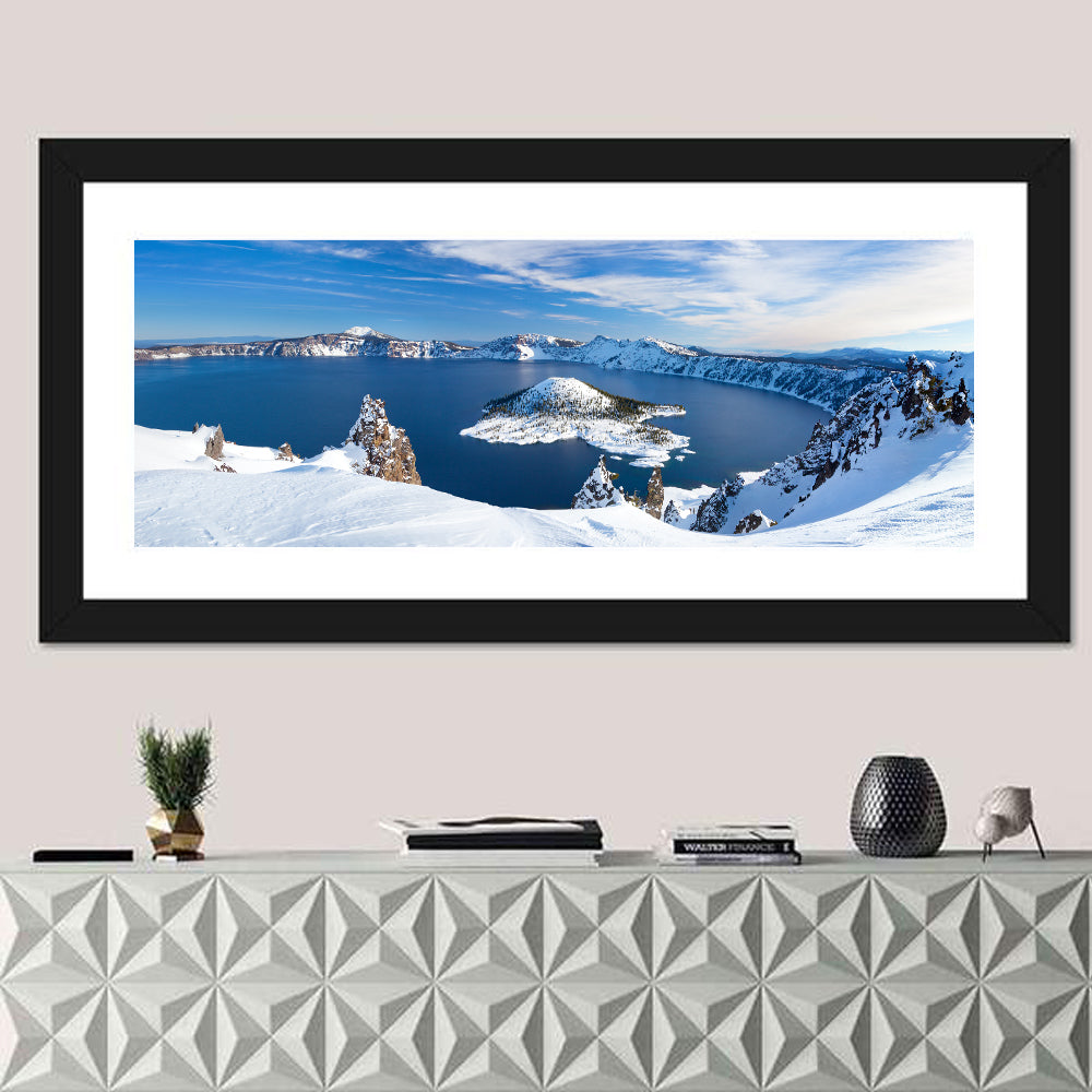 Crater Lake with Wizard Island Wall Art in a room, panoramic