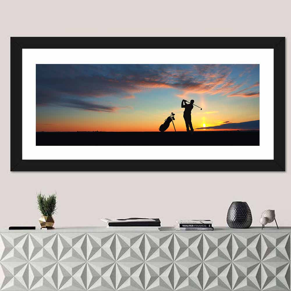 Sunset Golfer Silhouette Wall Art in a room, panoramic