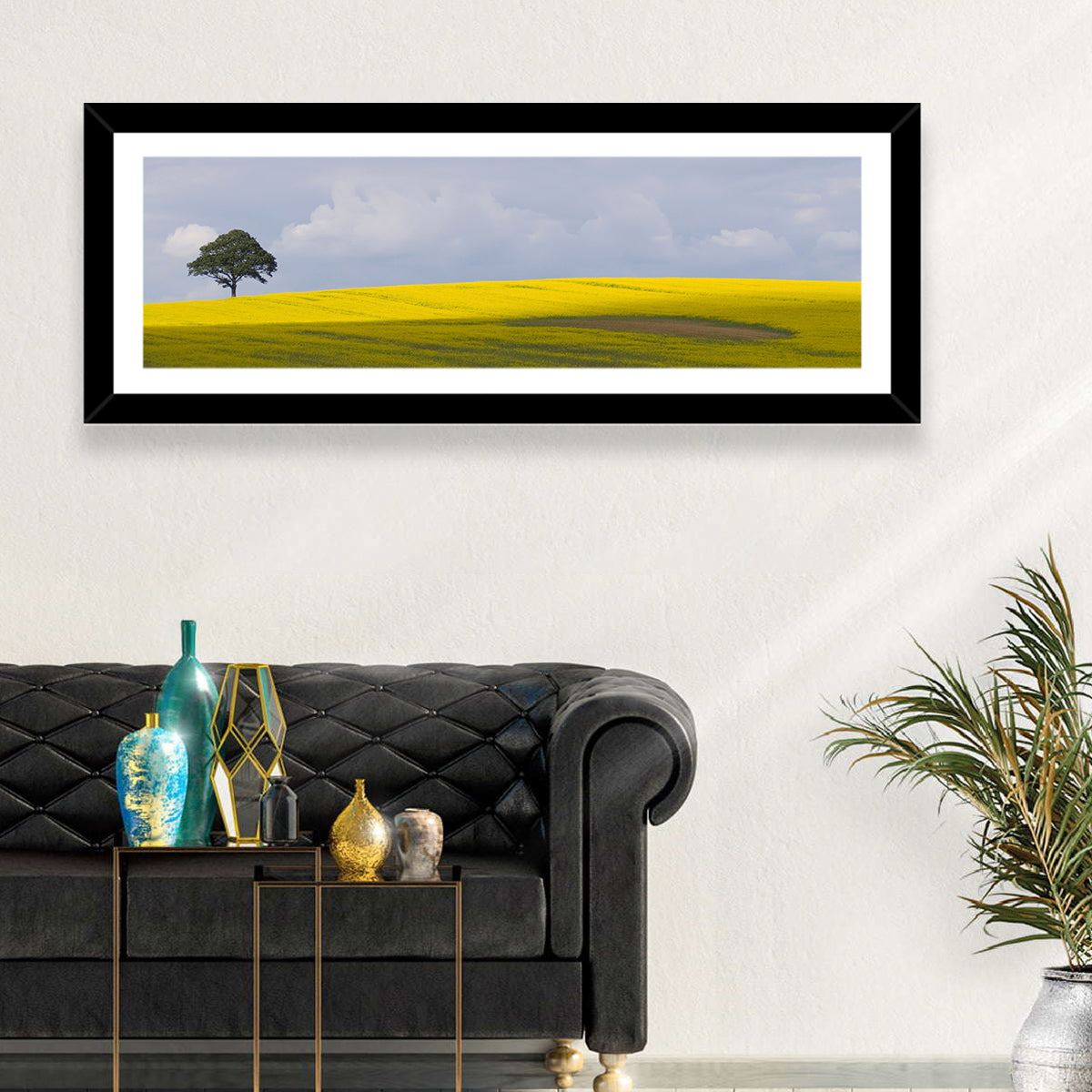 Solitary Tree Over Rapeseed Field Wall Art in a room, panoramic