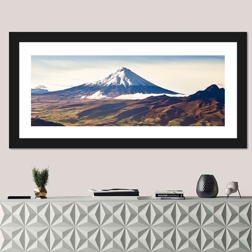 Cotopaxi Volcano Landscape Wall Art in a room, panoramic